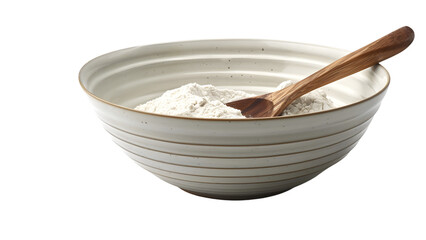 Rustic ceramic bowl filled with fine white flour, featuring a wooden spoon and subtle striped design on a transparent background 