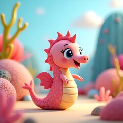 Vibrant 3D Seahorse Character with Coral Hairpin in Ocean Fantasy Scene