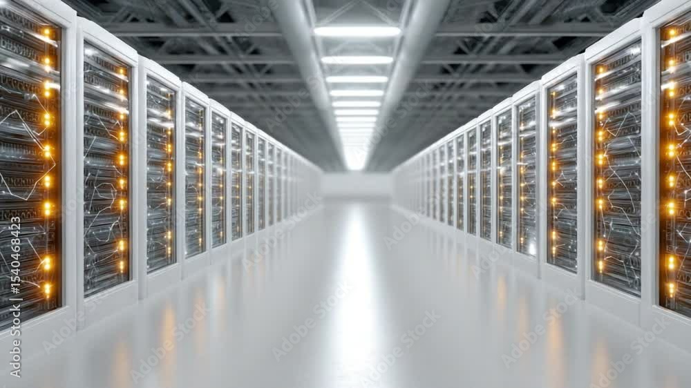 Poster Cybernetic Gateway: An evocative and technologically advanced perspective of a server room, showcasing orderly rows of data servers and an endless corridor.