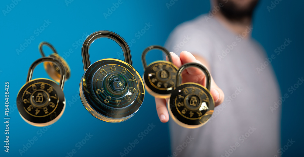 Aufkleber Cybersecurity and data protection.  Multiple locks represent strong password security.