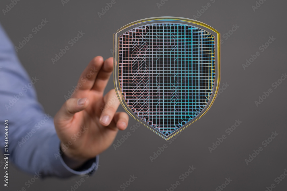 Poster hand reaching for a digital shield, symbolizing cybersecurity and data protection.