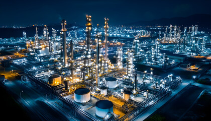 Fototapeta premium Oil and gas industrial refinery at night, Oil and gas refinery petrochemical plant pipeline steel, Oil and gas refinery factory oil and gas storage tank pipeline steel at night, Global energy refinery