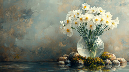 Elegant white daffodils in vase, stone accents, textured wall background