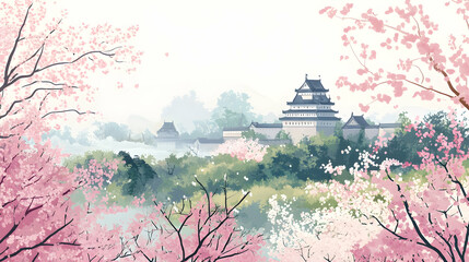 Cherry blossoms frame historic japanese castle in tranquil landscape