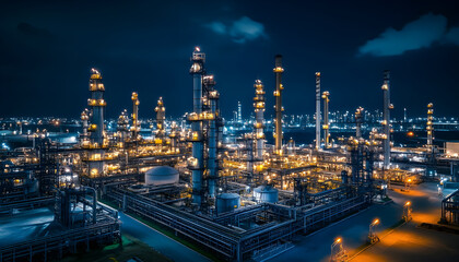 Oil and gas industrial refinery at night, Oil and gas refinery petrochemical plant pipeline steel, Oil and gas refinery factory oil and gas storage tank pipeline steel at night, Global energy refinery