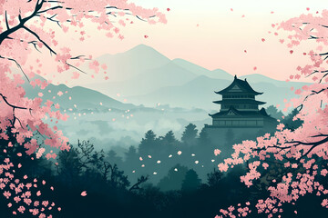 Serene japanese landscape with cherry blossoms and traditional castle in misty mountains