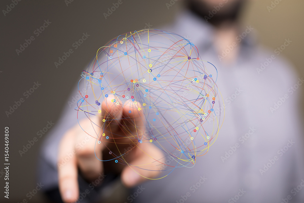 Poster Abstract image of a hand interacting with a digital network. Represents connection, technology, and global communication.