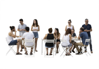 Backlit café scene with happy adults and children sitting around a table, talking and enjoying time together, isolated on a transparent background.