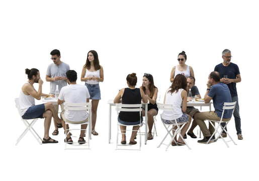 Backlit café scene with happy adults and children sitting around a table, talking and enjoying time together, isolated on a transparent background.