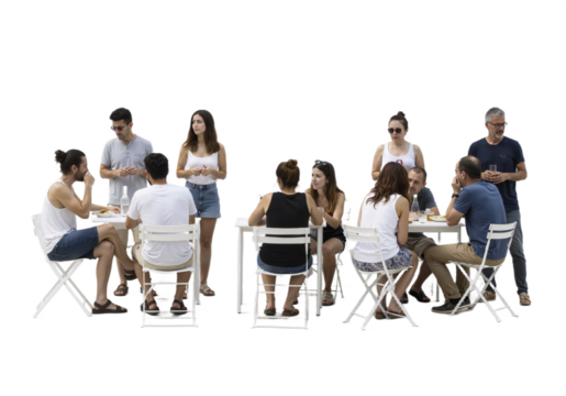 Backlit café scene with happy adults and children sitting around a table, talking and enjoying time together, isolated on a transparent background.