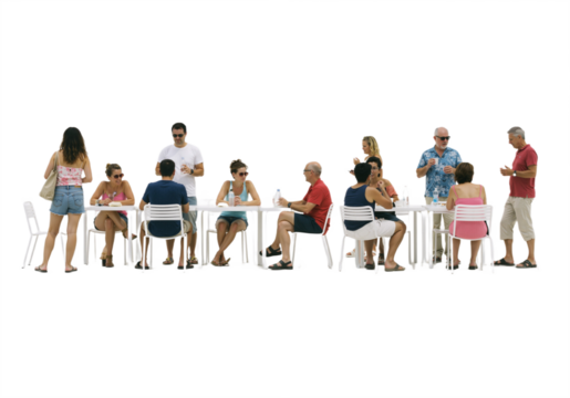 Backlit café scene with happy adults and children sitting around a table, talking and enjoying time together, isolated on a transparent background.