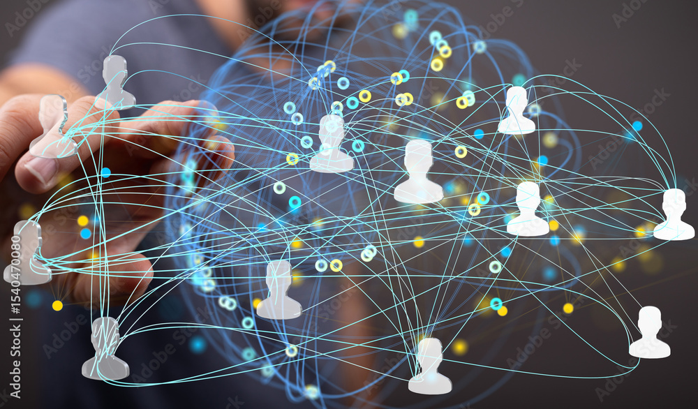 Poster image depicts a complex network of interconnected people, symbolizing global communication and colla
