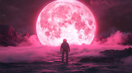 Astronaut in pink lunar landscape with large moon