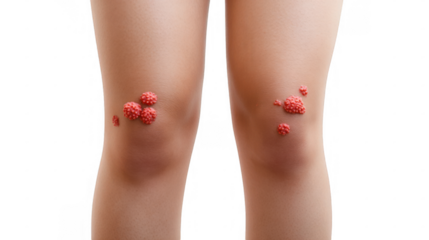 Red bumps caused by the molluscum contagiosum virus appearing on a child's legs, isolated on a transparent background, ideal for medical and healthcare publications