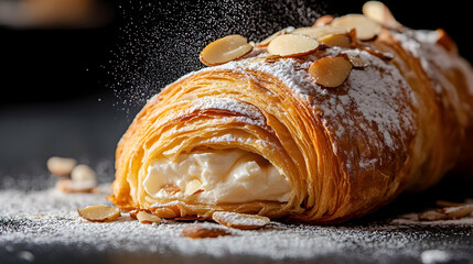 Freshly baked almond croissant with cream filling and powdered sugar