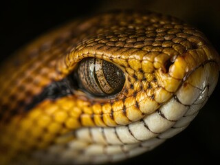 Close-up of snake eye and scales under intense studio lighting, extreme texture detail, sharp macro photography style, Ai Generate.
