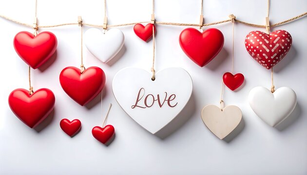 Hanging hearts with Valentines Day decor.