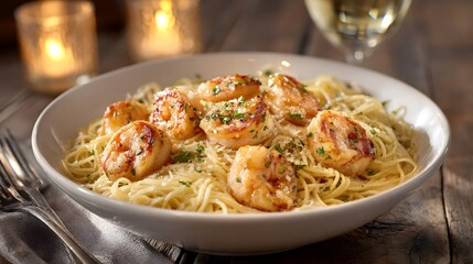 Shrimp scampi on angel hair pasta in a deep white bowl, garlic butter glistening over shrimp and noodles, set on a candlelit dinner table with rustic wood grain visible beneath the bowl