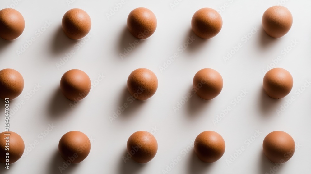 Poster fifteen smooth brown eggs arranged in three neat rows on a plain white background with soft right sh