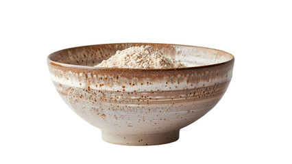Rustic ceramic bowl filled with fine whole wheat flour, featuring earthy tones and textured edges on a transparent background