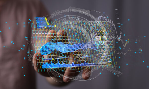 Stock photo of person interacting with a digital interface showing various data charts and graphs.