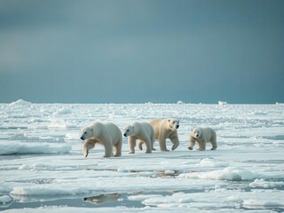 Family of polar bears walking across melting ice floes, dramatic global warming concept, cinematic lighting, Ai Generate.