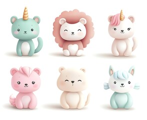 Obraz premium Cute animal character heads, pastel colours, simple shapes, clipart style on white background