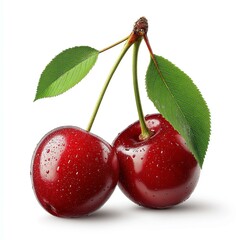 Two fresh cherries with droplets of water, highlighting their vibrant color and natural beauty.