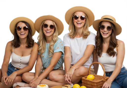 Group of happy friends in summer hats enjoying vacation, smiling together with sunglasses and fresh lemons, isolated on a transparent background.