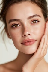 Close-up of a young woman with natural makeup and radiant skin, showcasing beauty and confidence.