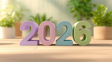 Colorful numbers representing the year 2026, set against a serene backdrop with plants for a fresh, vibrant atmosphere.