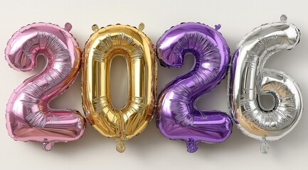 Colorful foil balloons shaped as the numbers 2026, perfect for celebrations and New Year's events.