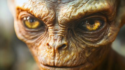 Intricate detail of alien face with luminous eyes and textured skin