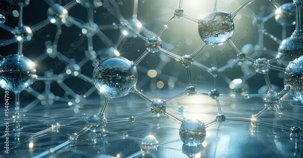 Poster Abstract molecular structure. Glowing spheres connect forming complex network. Futuristic, digital representation of science.