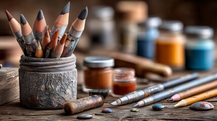 Creative art supplies arrangement studio workspace still life artistic environment close-up view crafting inspiration