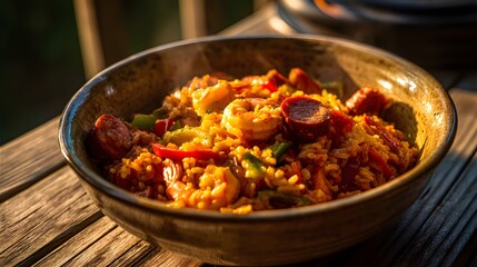 Spicy jambalaya with vibrant red rice shrimp sausages and vegetables
