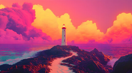 Dramatic sunset with lighthouse and vibrant cloudscape over rocky coastline