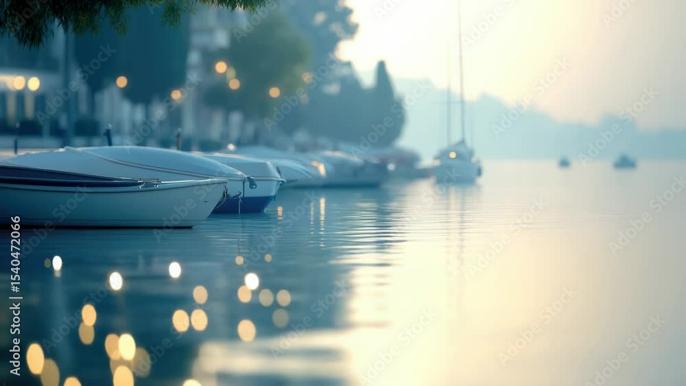 Poster a row of boats floating on the surface of a calm body of water