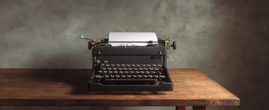 The vintage typewriter on a rustic wooden table with a blank page.
