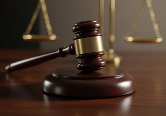 Gavel and scales of justice on barrister table. Legal advice and verdict concept. Professional law practice for court trial background with copy space for text.	
