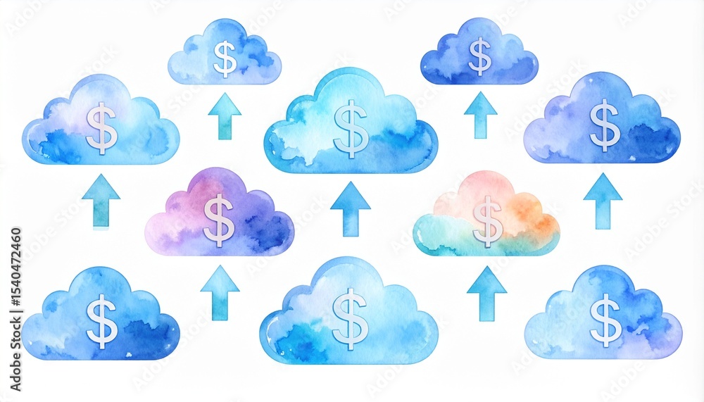 Poster cloud computing platform cost efficiency concept. colorful clouds with dollar signs and arrows indic