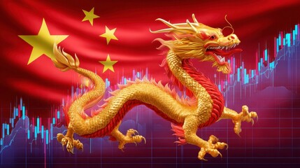 Obraz premium China Economy Growth. Chinese Dragon and Stock Market Chart. Economic Power.