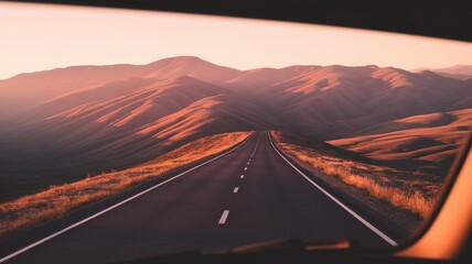 peaceful drive inspiration mountain road trip sunrise view, motivational road journey, empty highway driving through hills, peaceful travel adventure perspective