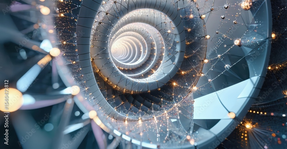 Poster Abstract tunnel, glowing lines, futuristic design. Complex geometry creates depth, digital art impression. Bright points connect structure.