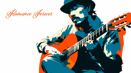 A stylized flamenco guitarist playing guitar