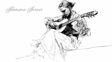 A stylized flamenco guitarist playing guitar