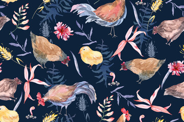 Seamless pattern of hen, chicks and flower painted in watercolor for fabric design, wallpaper, cute nature animal background.Chicken big cock illustration.Abstract background Blue tone. © joy8046