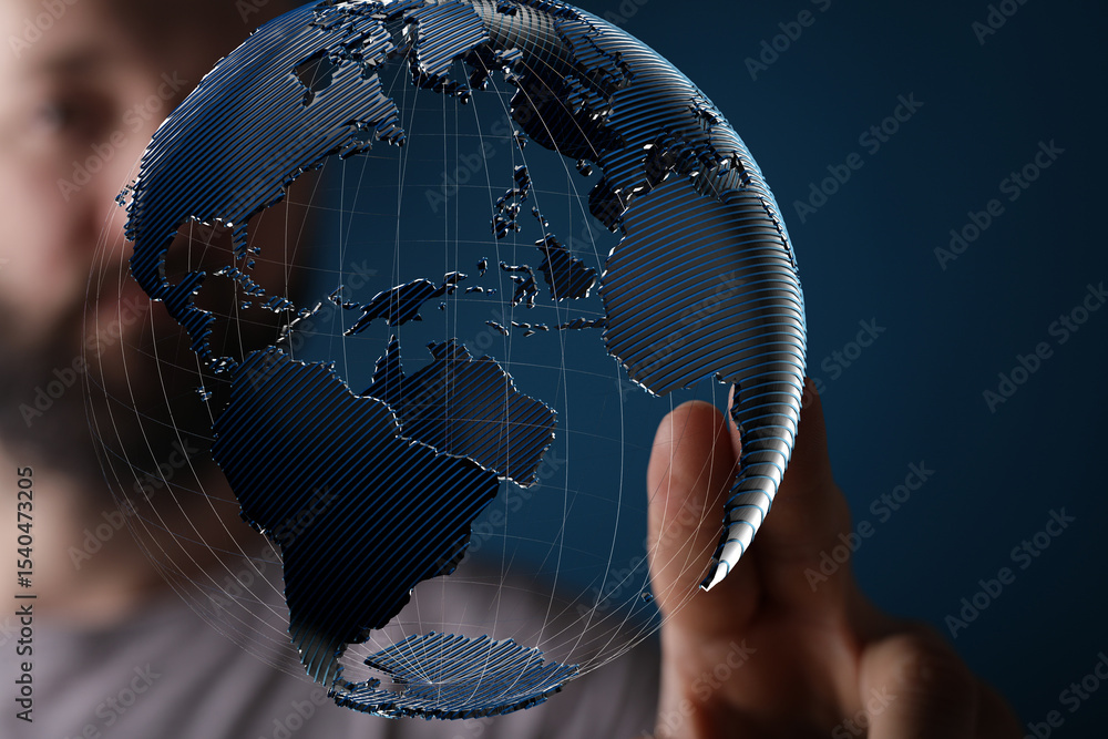 Poster Abstract image of a person interacting with a digital globe, representing global connection and networking.