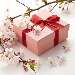 Pink gift box with red ribbon and spring blossoms