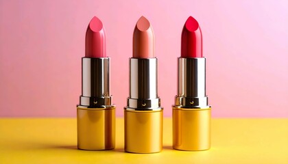 Set of Three Lipsticks in Red, Brown, and Nude Shades on Yellow Surface with Pink Background